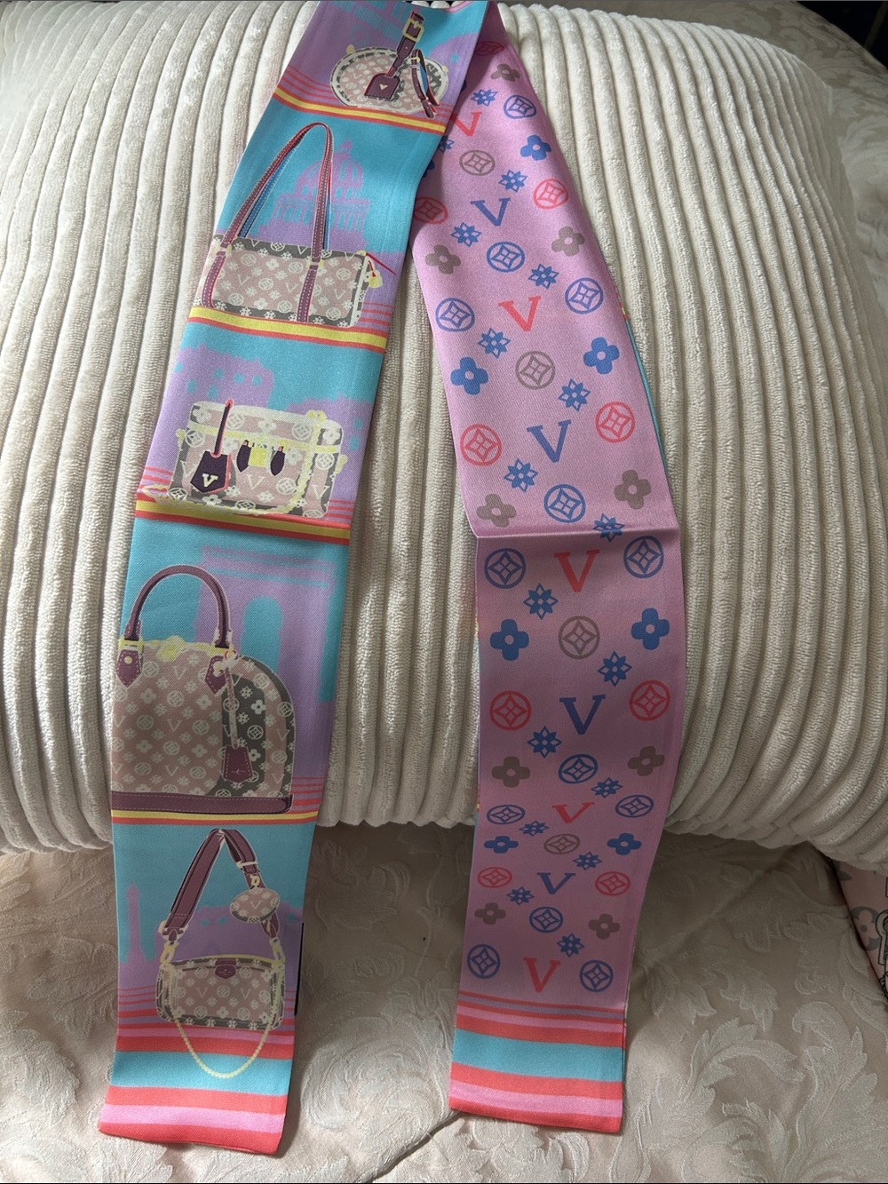 Pink & Turquoise Silk Feeling Polyester Double Sided Twilly or Scarf.